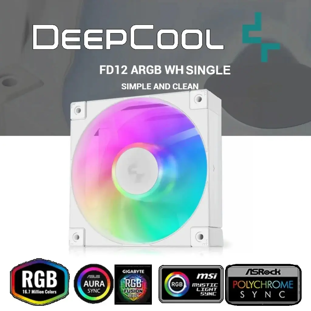 FD12-ARGB-WH-3IN1 DeepCool FD12 ARGB 3x WHITE Case Fans 120mm DeepCool FD12 ARGB 3x WHITE Case Fans 120mm ;Hydro Bearing Tech High Speed 2050 RPM 63.6 CFM ; 1.56 W Power-Efficient ; 3-pin (+5V-D-G) LED @ 5V DC ; Addressable RGB Fans with Daisy Chain Connectors | 3 PACK WHITE 