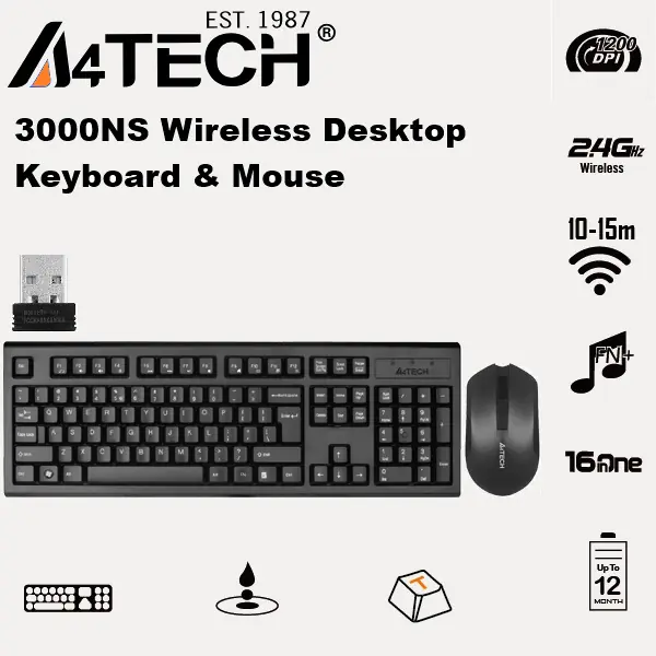 A4TECH-3000NS Wireless Desktop COMBO Keyboard Mouse 1200 DPI A4TECH 3000NS Wireless Desktop COMBO Keyboard & Mouse