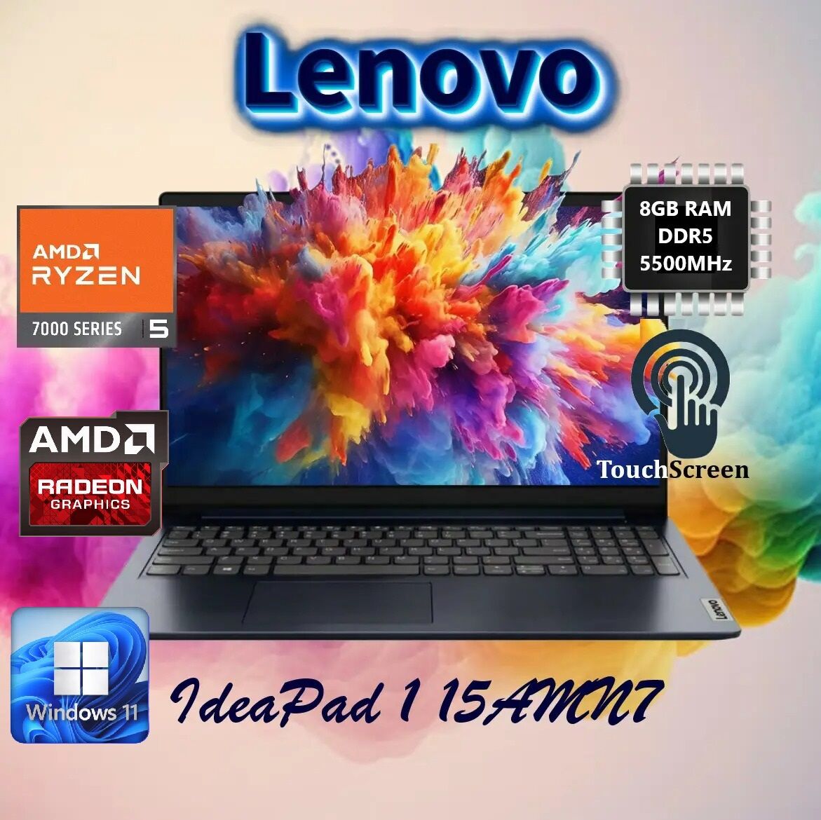 82VG00MYUS LENOVO Touchscreen 8GB DDR5 RAM Windows 11 LENOVO IdeaPad 1 15AMN7 AMD Ryzen™ 5 7520U