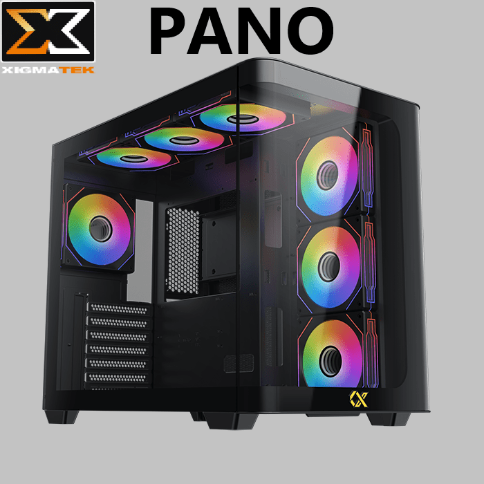 ARGB Gaming Case E-ATX Curved Glass 7 Fans Pano ARGB Gaming Case E-ATX Curved Tempered XIGMATEK Pano ARGB Gaming Case E-ATX Support ; Curved Tempered Glass Panel ; 7 Build in ARGB 120mm Fans ; ARGB Remote Control Kit ; 3 USB 3.0 ports and 2 USB 2.0 ports + LED Switch