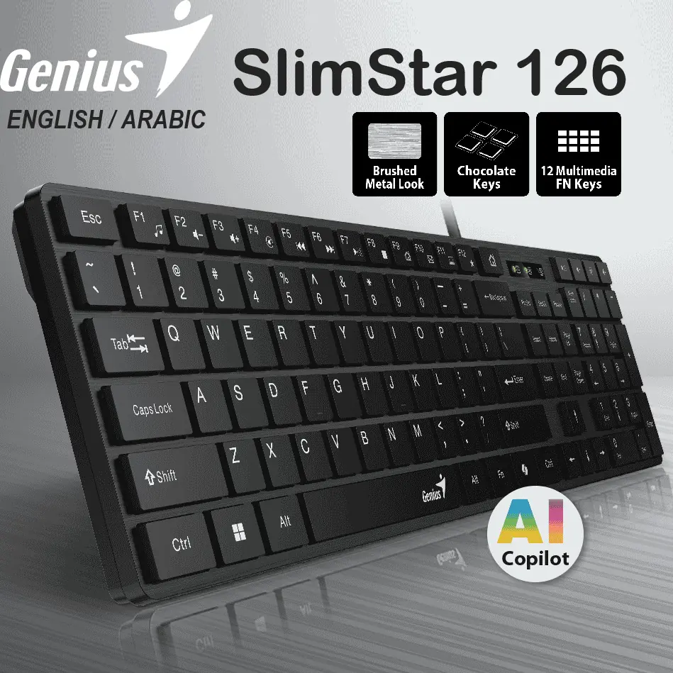 SLIMSTAR-126 126 Slim Multimedia ENGLISH ARABIC Keyboard GENUIS SlimStar 126 Slim Multimedia ENGLISH ARABIC Keyboard with Chocolate Keys