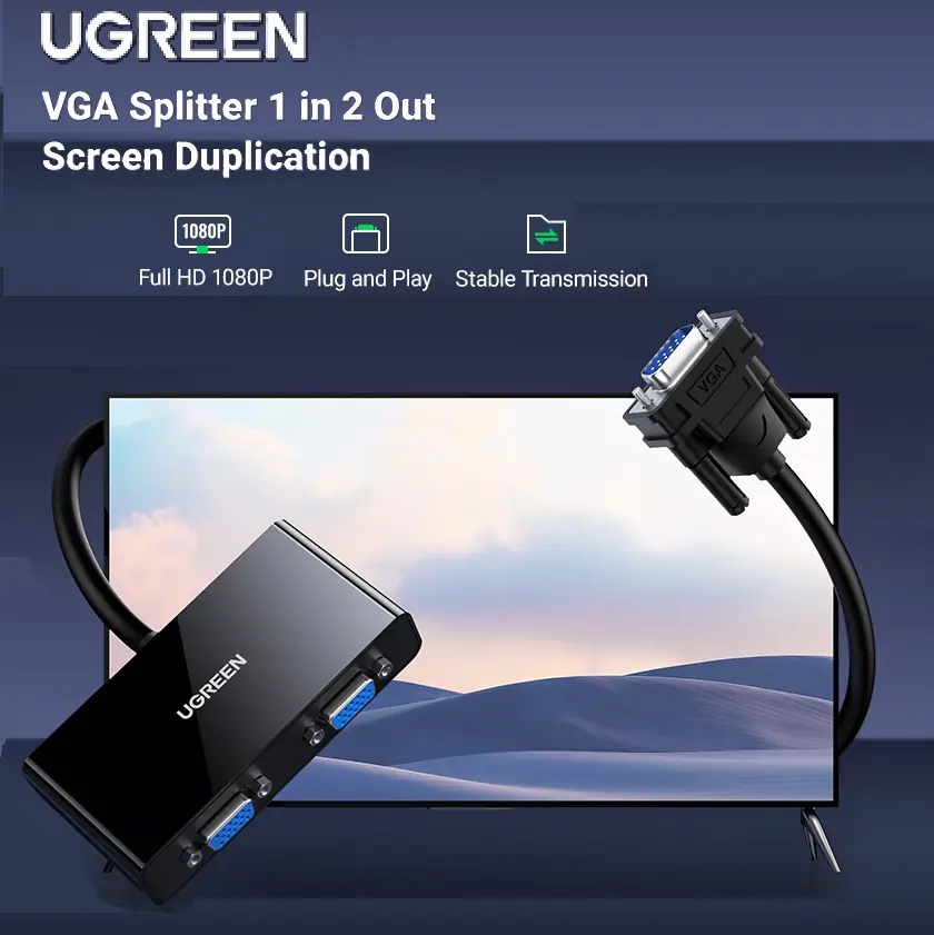 UGREEN-20918 VGA Splitter Screen Duplication Mirror Mode UGREEN VGA Splitter 1 in 2 Out Screen Duplication Support Mirror Mode Only Y Splitter Computer Monitor VGA SVGA Port with 1 meter Cable Support 1080P 60Hz for Laptop PC to Monitor