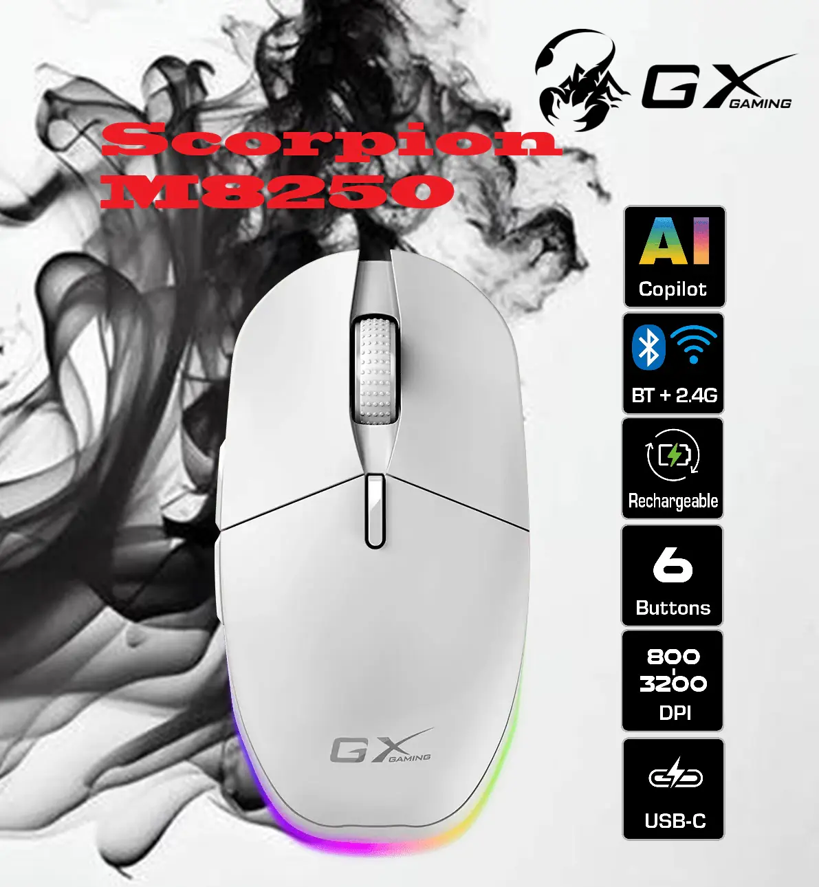 SCORPION-M8250-W Wireless and Bluetooth White RGB Gaming Mouse Genius Scorpion M8250 Wireless 2.4GH Bluetooth Rechargeable Gaming Mouse with LED